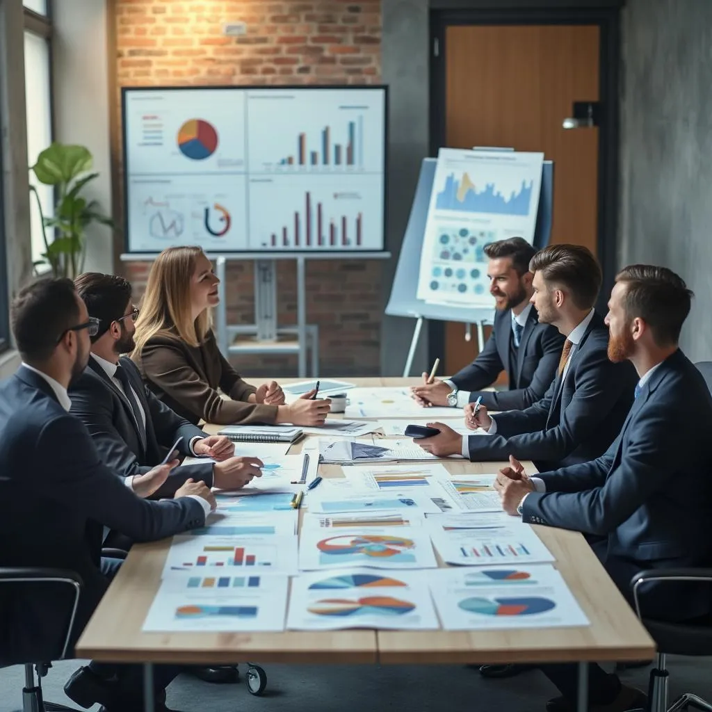 Equipo de consultoría en reunión estratégica con clientes